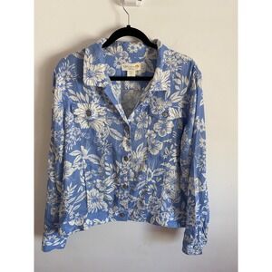 C&C California Women XL Blue White Floral 100% Linen Button Front Trucker Jacket